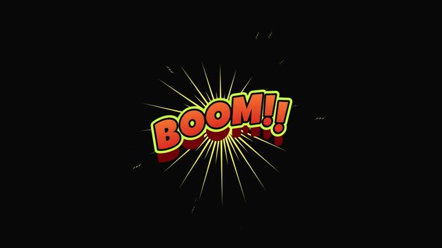 Comic book style boom text floating and hovering in cloud burst on black background, pop art onomatopoeia