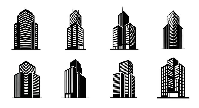 Set of modern skyscraper building icons, isolated on white background