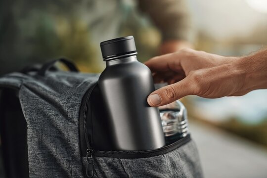 travel backpack. Person placing a clear water bottle into the side pocket of a gray backpack outdoors in a natural setting with blurred greenery in the background