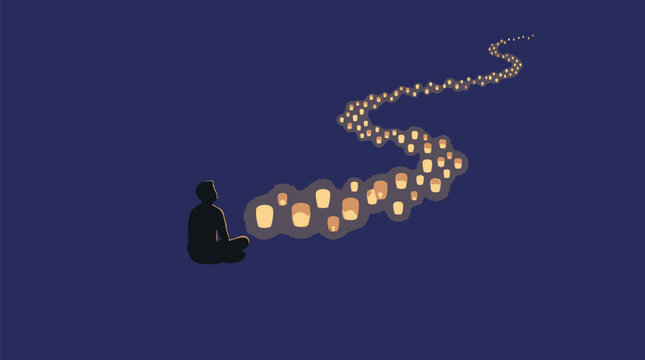 Person sits in deep meditation as glowing paper lanterns drift into the.