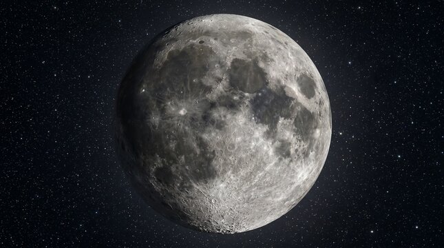 Detailed high resolution view of the full moon with visible craters against a dark starry sky.