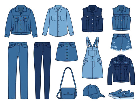 The illustration shows various blue clothing items and accessories arranged neatly.