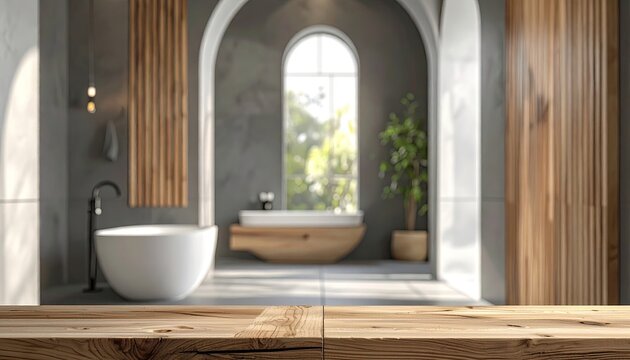Modern bathroom with foreground wood table, blurred bath and window