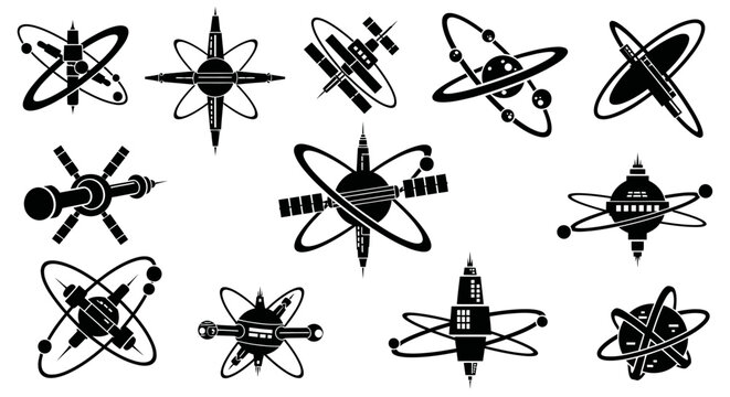 Space Satellites and Orbiting Objects Collection - Black and White Icons