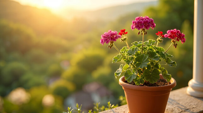 Pink geranium flowers blooming in a terracotta pot on a balcony, illuminated by warm golden sunset light with a scenic green landscape in the background.