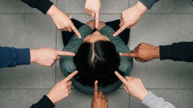 Person surrounded by pointing fingers from above social pressure and judgment