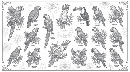 Tropical parrot and exotic bird collection in vintage sketch style © Bris