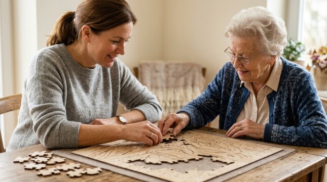 Smiling senior citizen and a helpful volunteer assembling a wooden jigsaw puzzle together at a table, supporting cognitive stimulation and fine motor skills rehabilitation.