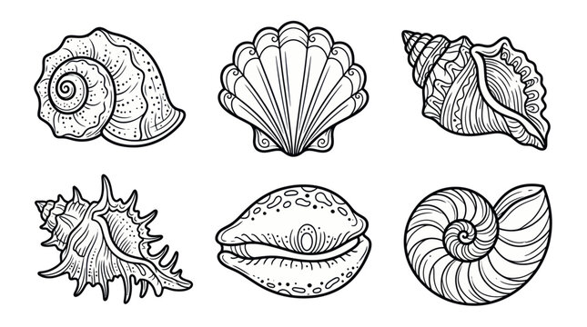 Detailed sea shell line art collection for coloring
