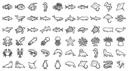Sea life and ocean animal collection in line art style © Bris