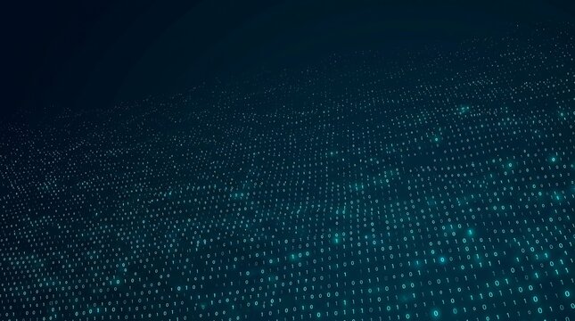 Abstract digital stream of binary code data flowing across a dark blue technological background