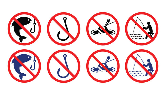 No fishing sign collection featuring various prohibited angling activities and equipment.