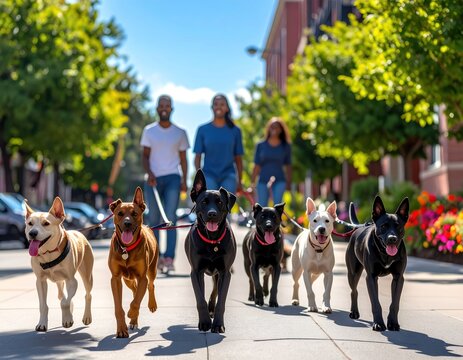 People walking multiple dogs on leashes.