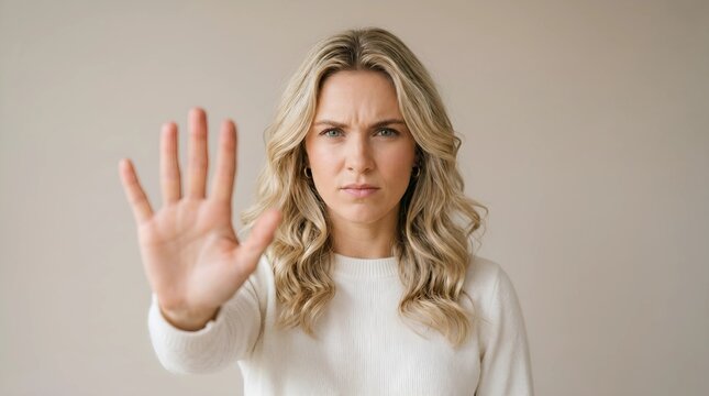 Angry young blonde woman staring at the camera, raising her hand in a stop gesture, showing refusal and strict boundary