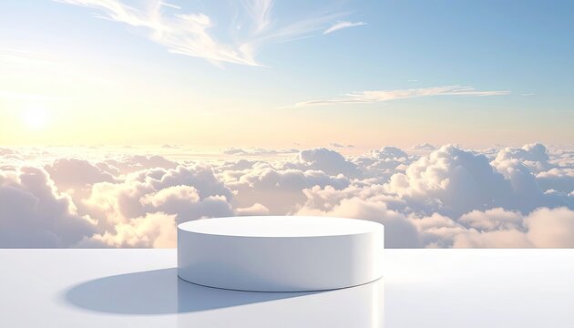 Single white cylinder on reflective surface above sunset clouds