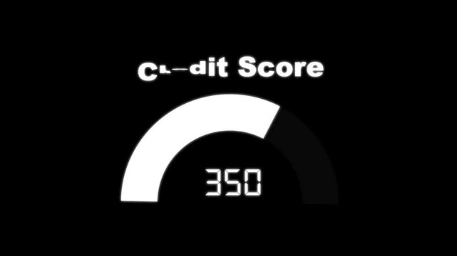 Credit score meter showing low numerical values. Digital gauge dial symbol for finance risk analysis. Animated speedometer graphic on black background.