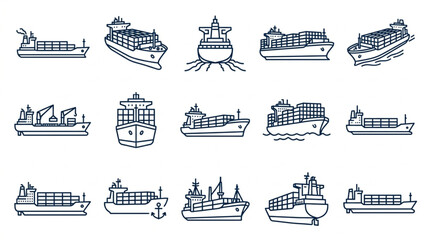 Obraz premium Collection of Various Cargo Ships and Container Vessels Line Icons