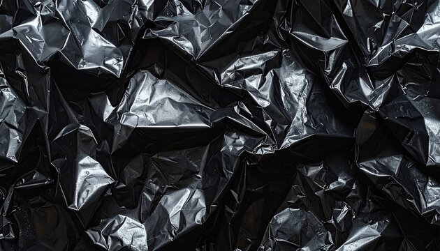 Wrinkled glossy black material surface with highlights and shadows