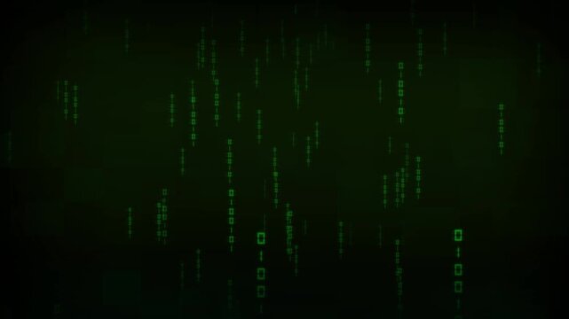 Green digital matrix code rain streaming on dark screen. Computer coding binary characters symbol for cybersecurity. Animated programming background texture.