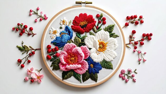 Vibrant floral embroidery hoop with red, pink, blue, white flowers