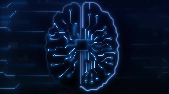 Digital brain circuitry glowing with blue technology data lines. Artificial intelligence symbol for deep machine learning mind. Animated neural processor loop.