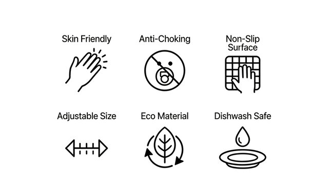 Skin friendly, anti choking, anti slip, environmentally friendly, machine washable icon, safe, environmentally friendly, skin friendly, easy to clean, suitable for mother and baby products, tableware.