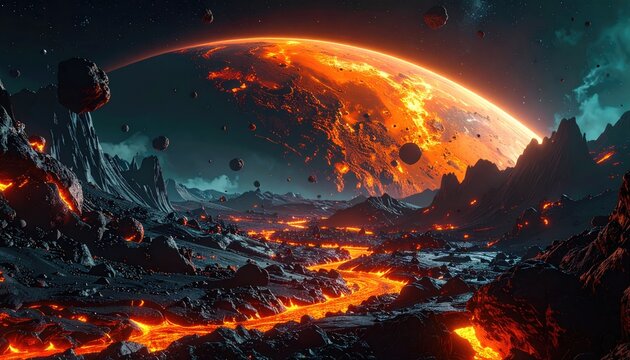 Dramatic alien world; lava rivers flow under a huge molten planet