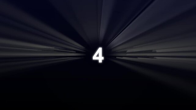 White text number two emerging from dark high speed light rays. Digital numeral digit symbol for countdown sequence. Animated velocity graphics on black.