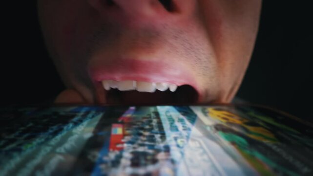 Man stares intensely at a glowing smartphone screen with his mouth wide open in a state of complete shock and fascination. Concept of digital addiction and hypnotic social media content.