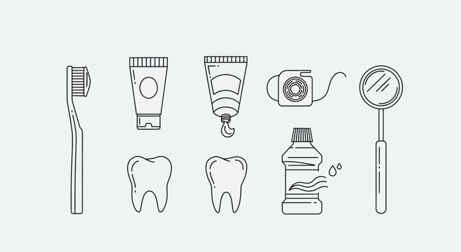 Dental Care Icons: Toothbrush, Toothpaste, Teeth, Mouthwash, Mirror, Dental Tools