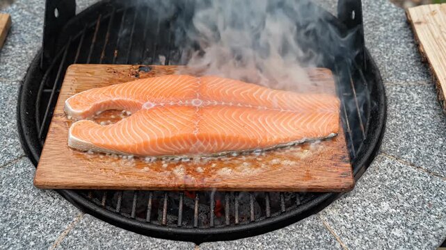 Fresh salmon fillet cooking over hot charcoal fire. Orange fish meat grilling. Raw seafood searing grill.