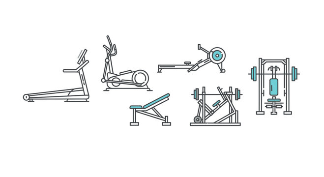 Fitness Equipment Icons: Treadmill, Elliptical, Rower, Bench, Weight Machine