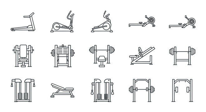 Gym Equipment Icons: Treadmill, Elliptical, Rower, Weight Machines, Bench Press, Leg Press