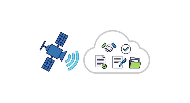 A satellite transmits digital data to a secure cloud storage system for business