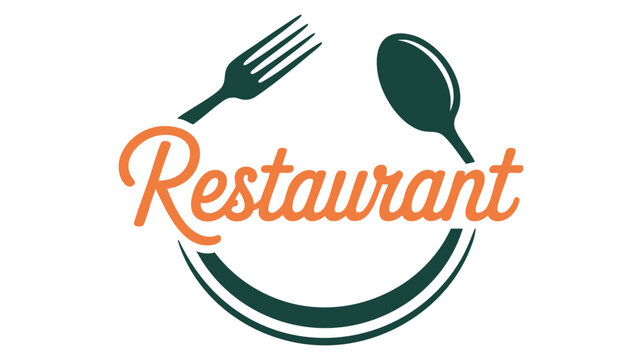 Fork and Spoon Icon with Orange &ldquo;Restaurant&rdquo; Wordmark for Food Service Branding and Menu Design Featuring Dining, Hospitality, Logo with Signage