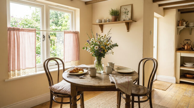 Cozy rustic kitchen interior featuring charming red gingham cafe curtains and an inviting breakfast table with fresh flowers.
