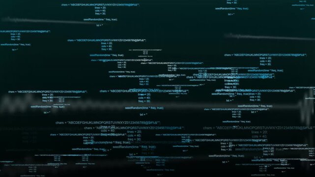 Blue digital code matrix with rising business chart metrics. Information technology symbol for financial database processing core. Animated tech background.