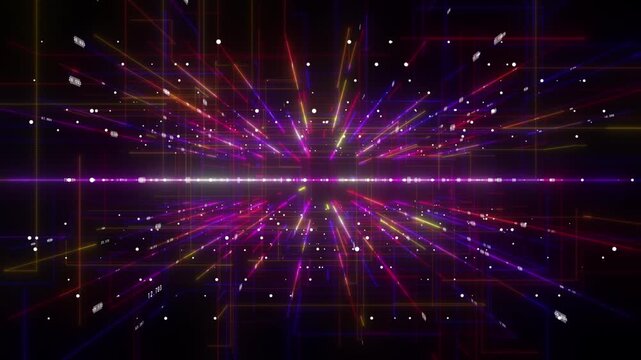 colorful moving lines in rotating cyberspace with randomly moving binary code hi tech design dark technology background