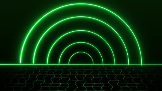 Green neon arches and technology grid lines on dark background. Retro semicircles symbol for 80s futuristic computer space. Animated geometric graphics.