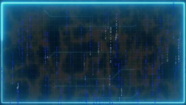 Futuristic digital grid with falling binary code and blue frame. Technology border symbol for computer server screen readout. Animated interface layout.
