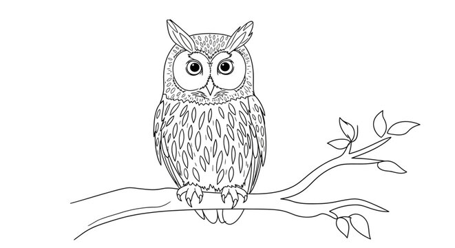 Detailed Zentangle style owl drawing perched on a branch, intricate line art for coloring book, outline design