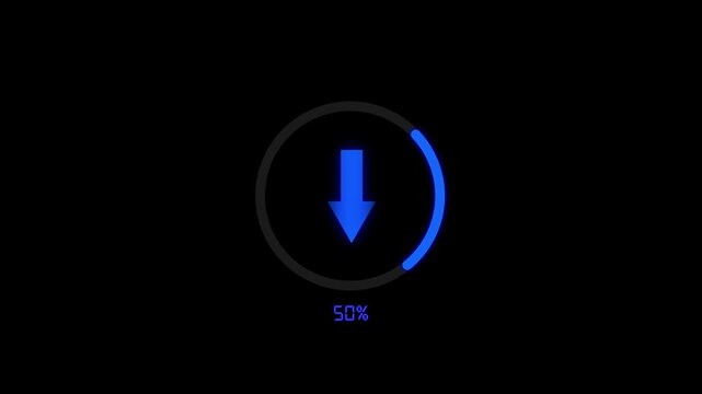 Blue download progress indicator bar with percentage count circle. System loading data status symbol for computer software install. Animated update graphic.