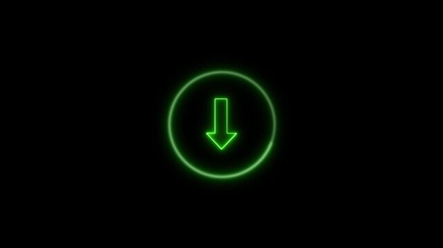 Green neon download arrow icon inside active loading circle. Cloud storage data transfer symbol for high speed internet web sync. Animated user interface.