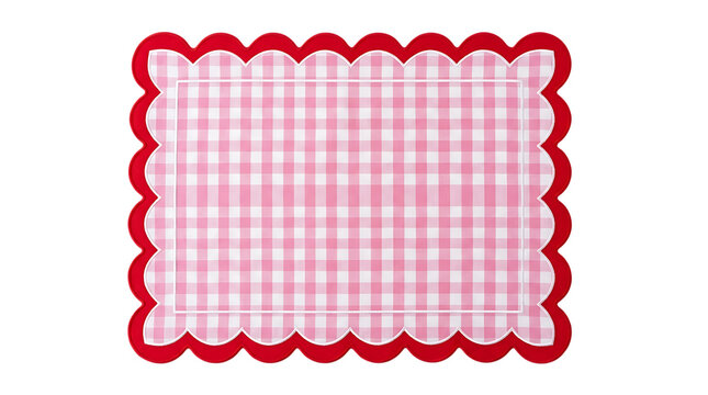 Pink gingham placemat with scalloped red border isolated on transparent background