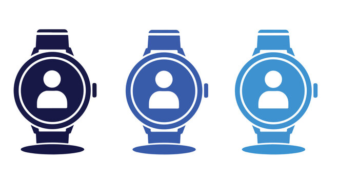 Set of three modern digital wristwatch icons displaying user profile symbols in blue shades for technology or fashion