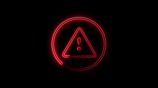Red neon warning triangle symbol with exclamation mark inside circle. Safety hazard sign symbol for emergency system failure alert. Animated notification.