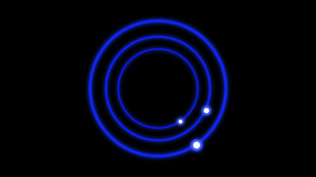 Blue neon concentric circles with moving orbital light orbs on black. Abstract portal frame symbol for futuristic technology design. Animated geometry wave.