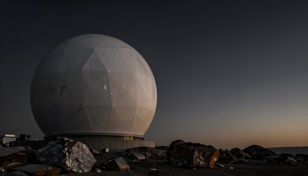 A massive white geodesic radome stands isolated on a rocky landscape under a cinematic twilight sky.