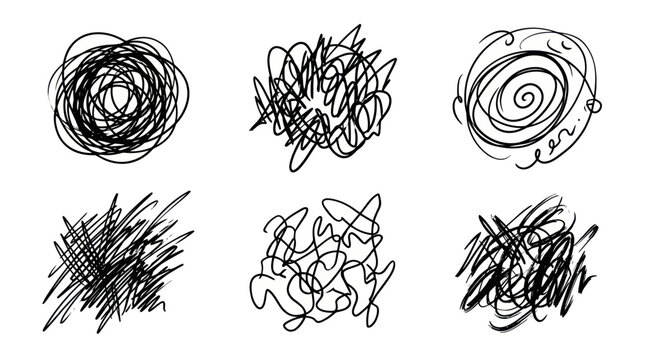Set of six chaotic black ink scribbles and tangled doodles