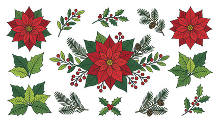 Christmas poinsettia and holly berry floral elements collection © Budi